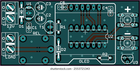 Vector printed circuit board of electronic device with components of radio elements, conductors and contact pads placed on pcb. Engineering technical educational drawing.
Computer technic cad design.