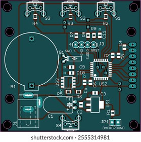 Vector printed circuit board of electronic 
device with components of radio elements, 
conductors and contact pads placed on pcb. Engineering technical educational drawing.
Computer technic cad design