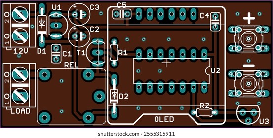 Vector printed circuit board of electronic device with components of radio elements, 
conductors and contact pads placed on pcb. Engineering technical educational drawing.
Computer technic cad design.