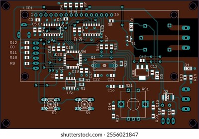 Vector printed circuit board of electronic 
device with components of radio elements, 
conductors and contact pads placed on pcb. Engineering technical educational drawing.
Computer technic cad design