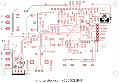 Vector printed circuit board of electronic 
device with components of radio elements, 
conductors and contact pads placed on pcb. Engineering technical educational drawing.
Computer technic cad design