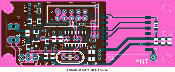 Vector printed circuit board of electronic 
device with components of radio elements, 
conductors and contact pads placed on pcb. Engineering technical drawing.
Computer technic cad design.