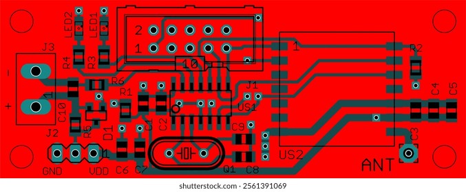 Vector printed circuit board of electronic 
device with components of radio elements, 
conductors and contact pads placed on pcb. 
Engineering technical drawing.
Computer technic cad design.