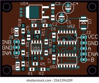 Vector printed circuit board of electronic 
device with components of radio elements, 
conductors and contact pads placed on pcb. 
Engineering technical drawing.
Computer technic cad design.