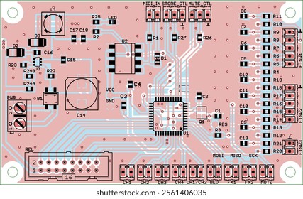 Vector printed circuit board of electronic 
device with components of radio elements, 
conductors and contact pads placed on pcb. Engineering technical educational drawing. Computer technic cad design