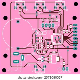 Vector printed circuit board of electronic device with components of radio elements, conductors and contact pads placed on pcb. 
Engineering technical educational drawing. Computer technic cad design.