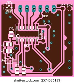 Vector printed circuit board of electronic 
device with components of radio elements, 
conductors and contact pads placed on pcb. 
Engineering technical drawing.
Computer technic cad design.