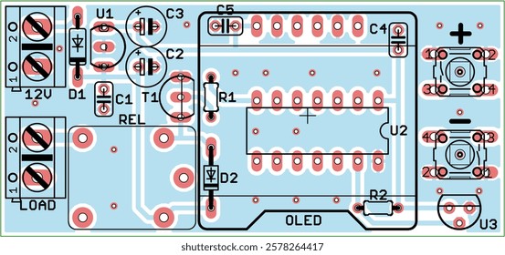 Vector printed circuit board of electronic device with components of radio elements, conductors and contact pads placed on pcb. Engineering technical educational drawing. Computer technic cad design.