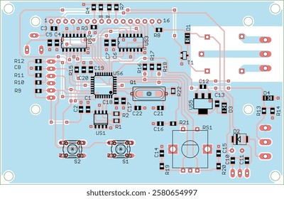 Vector printed circuit board of electronic device with components of radio elements, conductors and contact pads placed on pcb. 
Engineering technical educational drawing.
Computer technic cad design.