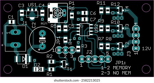 Vector printed circuit board of electronic 
device with components of radio elements, 
conductors and contact pads placed on pcb. 
Engineering technical drawing. Electric background.