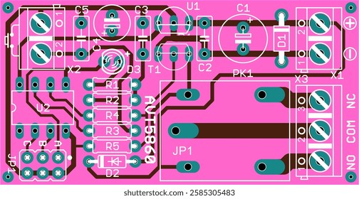 Vector printed circuit board of electronic 
device with components of radio elements, 
conductors and contact pads placed on pcb. 
Engineering computer technical drawing.