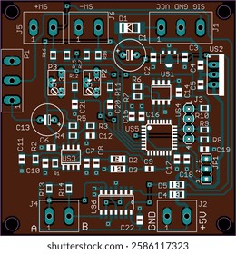 Vector printed circuit board of electronic device with components of radio elements, conductors and contact pads placed on pcb. 
Engineering technical educational drawing. Computer technic cad design.