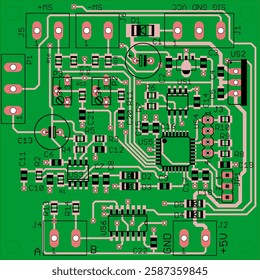 Vector printed circuit board of electronic device with components of radio elements, conductors and contact pads placed on pcb. Engineering technical educational drawing. Computer technic cad design.