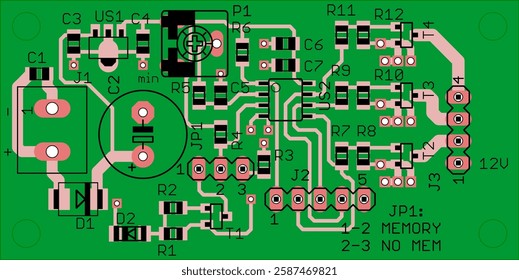 Vector printed circuit board of electronic 
device with components of radio elements, 
conductors and contact pads placed on pcb. 
Engineering technical drawing. Electric background.