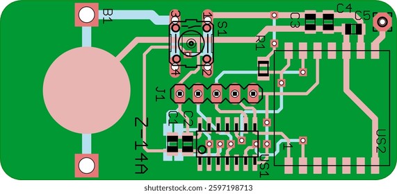 Vector printed circuit board of electronic device with components of radio elements, conductors and contact pads placed on pcb. Engineering technical educational drawing. Computer technic cad design.