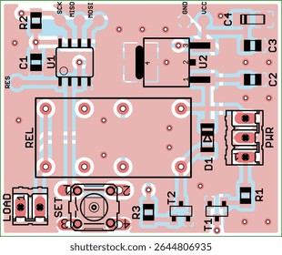 Vector printed circuit board of electronic 
device with components set of radio elements, 
conductors and contact pads placed on pcb. 
Engineering technic drawing. Electric background.
Cad design.
