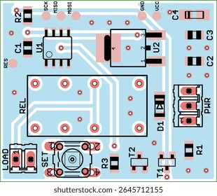Vector printed circuit board of electronic device with components set of radio elements, conductors and contact pads placed on pcb. Engineering technic drawing. Electric background. Cad design.