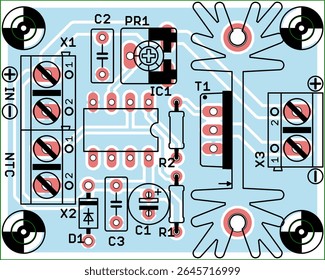 Vector printed circuit board of electronic 
device with components set of radio elements, 
conductors and contact pads placed on pcb. 
Engineering technic drawing. Electric background.
Cad design.