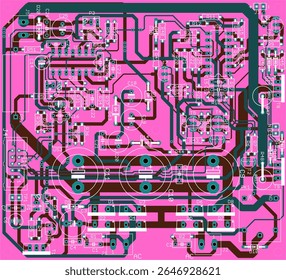 Vector printed circuit board of electronic 
device with components of radio elements, 
conductors and contact pads placed on pcb. 
Engineering technical drawing. Computer technic cad design.