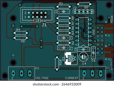 Vector printed circuit board of electronic 
device with components of radio elements, 
conductors and contact pads placed on pcb. 
Engineering technical drawing. Computer technic cad design.