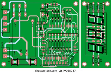 Vector printed circuit board of electronic 
device with components of radio elements, 
conductors and contact pads placed on pcb. 
Engineering technical drawing. Computer technic cad design.