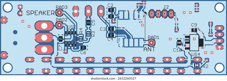 Vector printed circuit board of electronic 
device with components of radio elements, 
conductors and contact pads placed on pcb. 
Engineering technical drawing. Computer technic cad design.