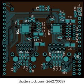 Vektorleiterplatte für elektronische Schaltungen 
Gerät mit Komponenten von Funkelementen, 
Leiterbahnen und Kontaktpads auf der Leiterplatte. 
Technische Zeichnung. Computertechnisches Kartendesign.