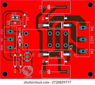 Placa de circuito impreso de Vector de electrónica 
dispositivo con componentes de Elementos de radio, 
Conductores y almohadillas de contacto colocados en la PCB. 
Dibujo de ingeniería. Fondo eléctrico.