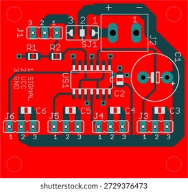 Vector printed circuit board of electronic device with components of radio elements, conductors and contact pads placed on pcb. Engineering technical educational drawing. Computer technic cad design.