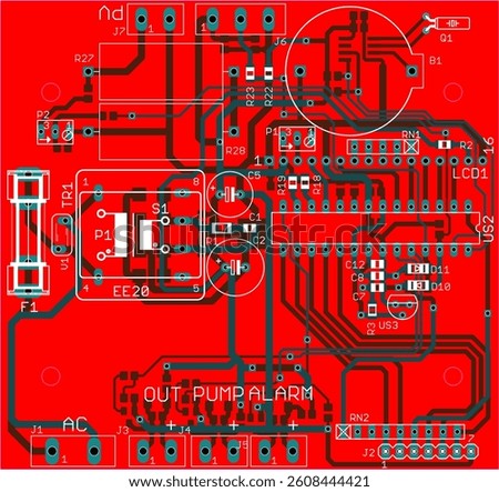 Vector printed circuit board of electronic 
device with components of radio elements, 
conductors and contact pads placed on pcb. Engineering technical educational drawing. Computer technic cad design