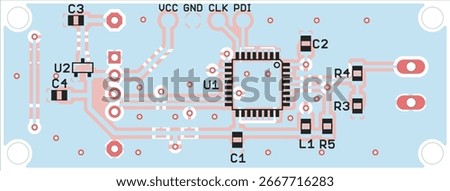 Vector printed circuit board of electronic 
device with components of radio elements, 
conductors and contact pads placed on pcb. 
Engineering technical drawing. Computer technic cad design.