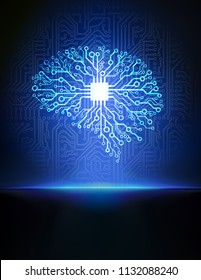 Vector printed circuit board human brain. Blue futuristic illustration of cpu in the center of computer system.   Concept of artificial intelligence