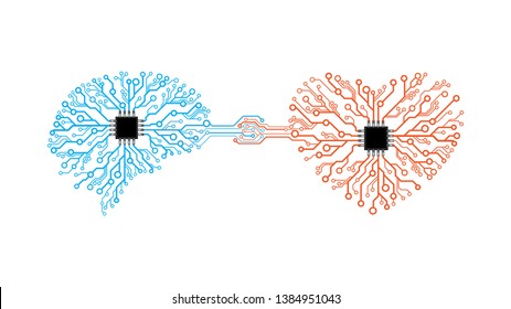 Vector Printed Circuit Board Human Brain And Heart. Concept Illustration