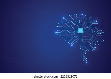 Vector printed circuit board human brain. Blue futuristic illustration of cpu in the center of computer system. Concept of artificial intelligence