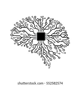 Vector Printed Circuit Board Human Brain. Concept Illustration Of Cpu In The Center Of Computer System.