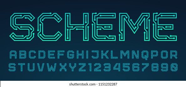 Vector printed circuit board style font. Blue latin letters from A to Z and numbers from 0 to 9 made of electric current wires and connectors. Futuristic design concept.