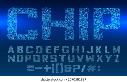 Vector printed circuit board style font. Blue latin letters from A to Z and numbers from 0 to 9 made of electric current wires and connectors. Futuristic design concept. Techno font, vector English