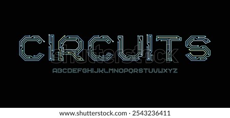 Vector printed circuit board style font. Blue latin letters from A to Z. made of electric current wires and connectors. Futuristic design concept.
