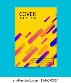 Vector printed cover template with abstract colorful shapes. Trendy neon color lines and hexagons in a modern material design style. Geometric lines on a dark background.