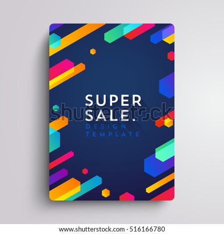 Vector printed cover template with abstract colorful shapes. Trendy neon color lines and hexagons in a modern material design style. Geometric lines on a dark background.