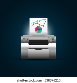 Vector printer with blank paper on dark blue background. 