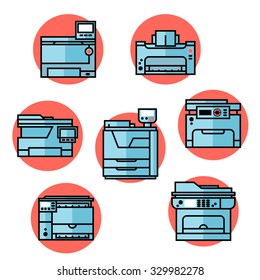 Vector printer icons set. Printing equipment. Color printer. Copy, scan and laser print.  Press industry.