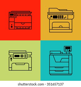 Vector printer icons set. Printing equipment. Color printer. Copy, scan and laser print.  Press industry.
