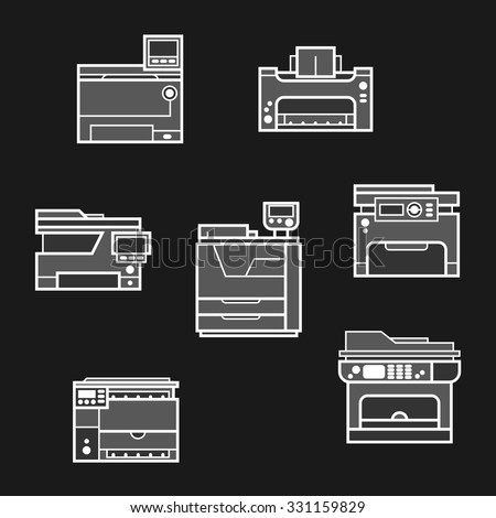Vector printer icons set. Printing equipment. Color printer. Copy, scan and laser print.  Press industry.