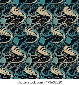 Vector printing on fabric, clothes. hand painted ethnic floral pattern, leaves, circles, swirls. Seamless abstract flowers.. decorative elements for design. EPS 10