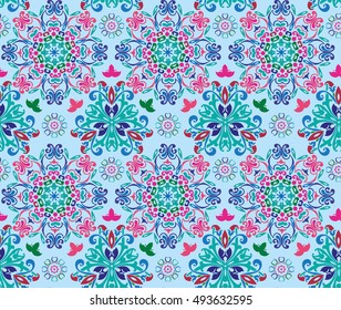 Vector printing on fabric, clothes. hand painted ethnic floral pattern, leaves, circles, swirls. Seamless abstract flowers.. decorative elements for design. EPS 10