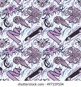 Vector printing on fabric, clothes. hand painted ethnic floral pattern, leaves, circles, swirls. Seamless abstract flowers. decorative elements for design. EPS 10