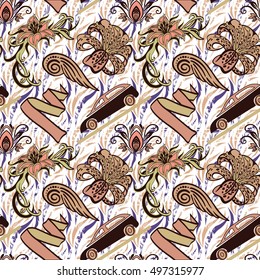 Vector printing on fabric, clothes. hand painted ethnic floral pattern, leaves, circles, swirls. Seamless abstract flowers. decorative elements for design. EPS 10