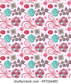 Vector printing on fabric, clothes. hand painted ethnic floral pattern, leaves, circles, swirls. Seamless abstract flowers. decorative elements for design. EPS 10