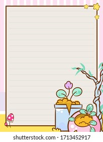 Vector printing paper note, A4 size. Lined paper blank for notebook, diary, letters, planners, notes. Kawaii plants in flower pots and tree on yellow-pink background, stars and mushrooms